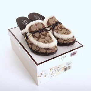 Coach Signature Pattern Mules with Fur Trim